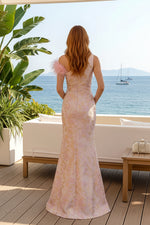 One Shoulder Feather Trim Jacquard Mermaid Gown