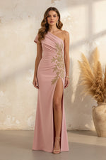One-Shoulder Embroidered Evening Gown with High Slit
