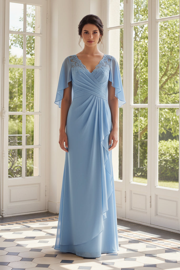 Flutter Sleeve Chiffon Gown with Illusion Back