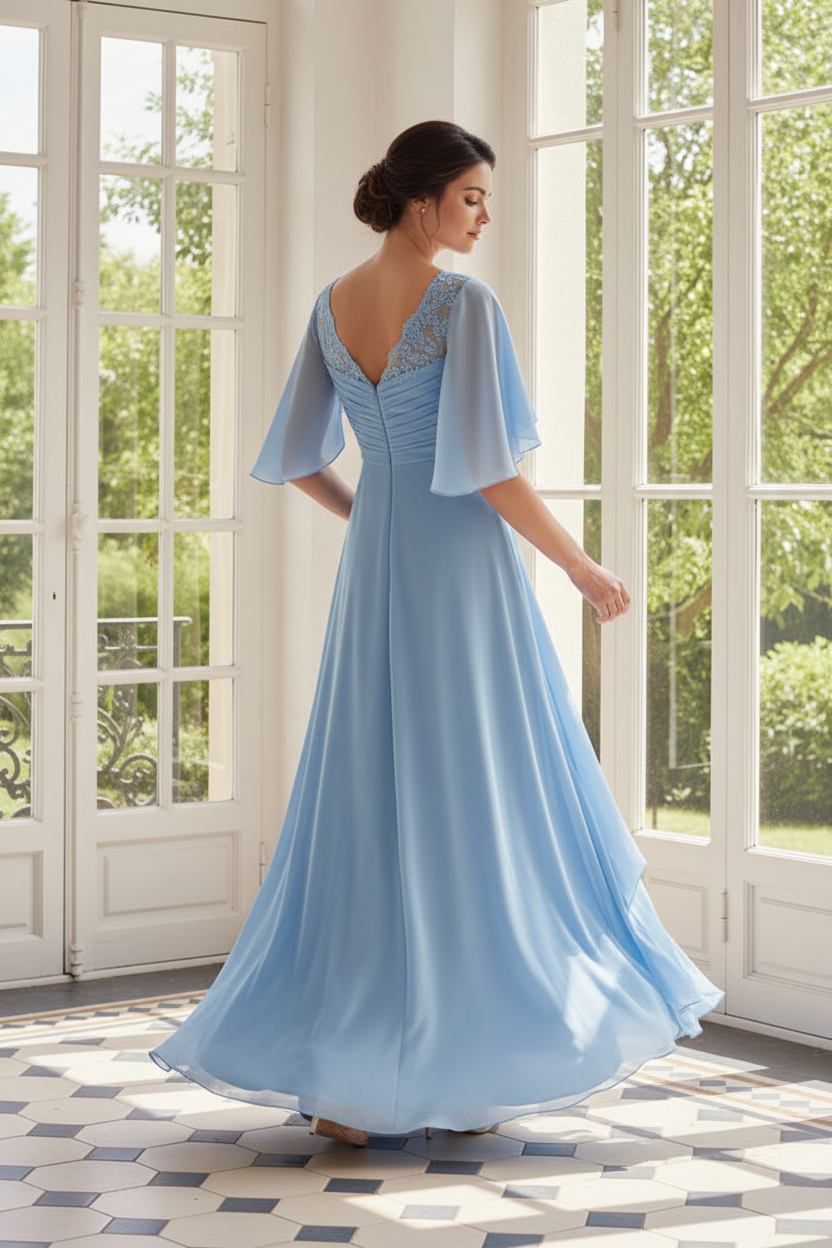 Flutter Sleeve Chiffon Gown with Illusion Back