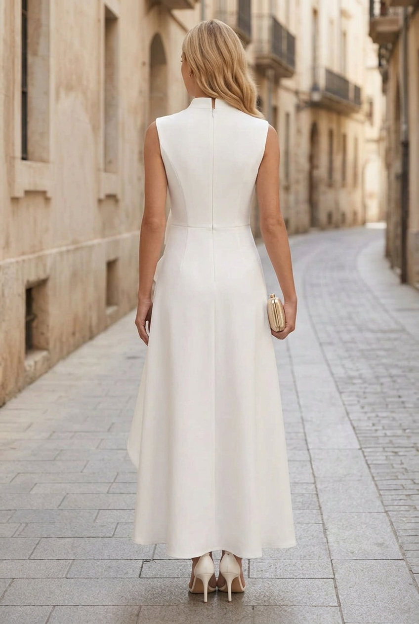 Sleeveless Mandarin Collar Maxi Dress with Front Bow