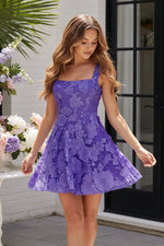 3D Floral Applique Square-Neck Mini Dress