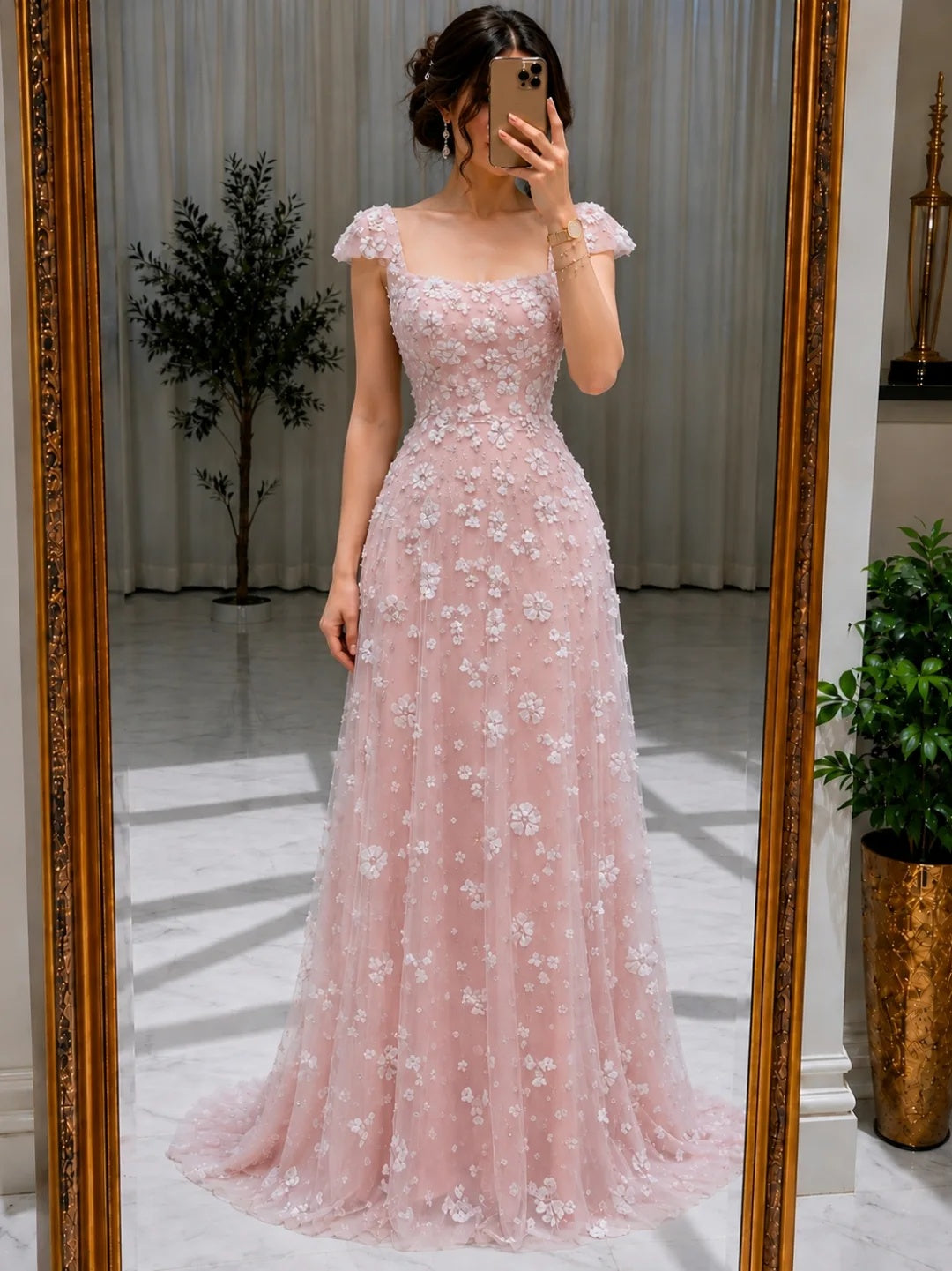 Square Neck 3D Floral Applique A-Line Gown