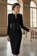 Long Sleeve Midi Sheath Dress with Button Detail
