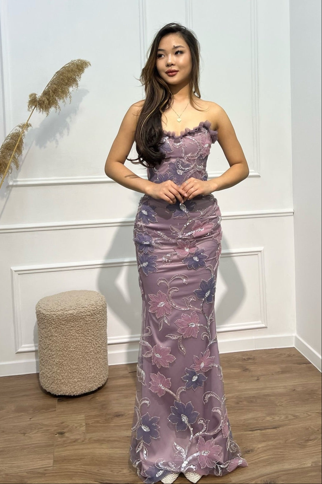 Strapless Floral Embroidered Mermaid Evening Gown