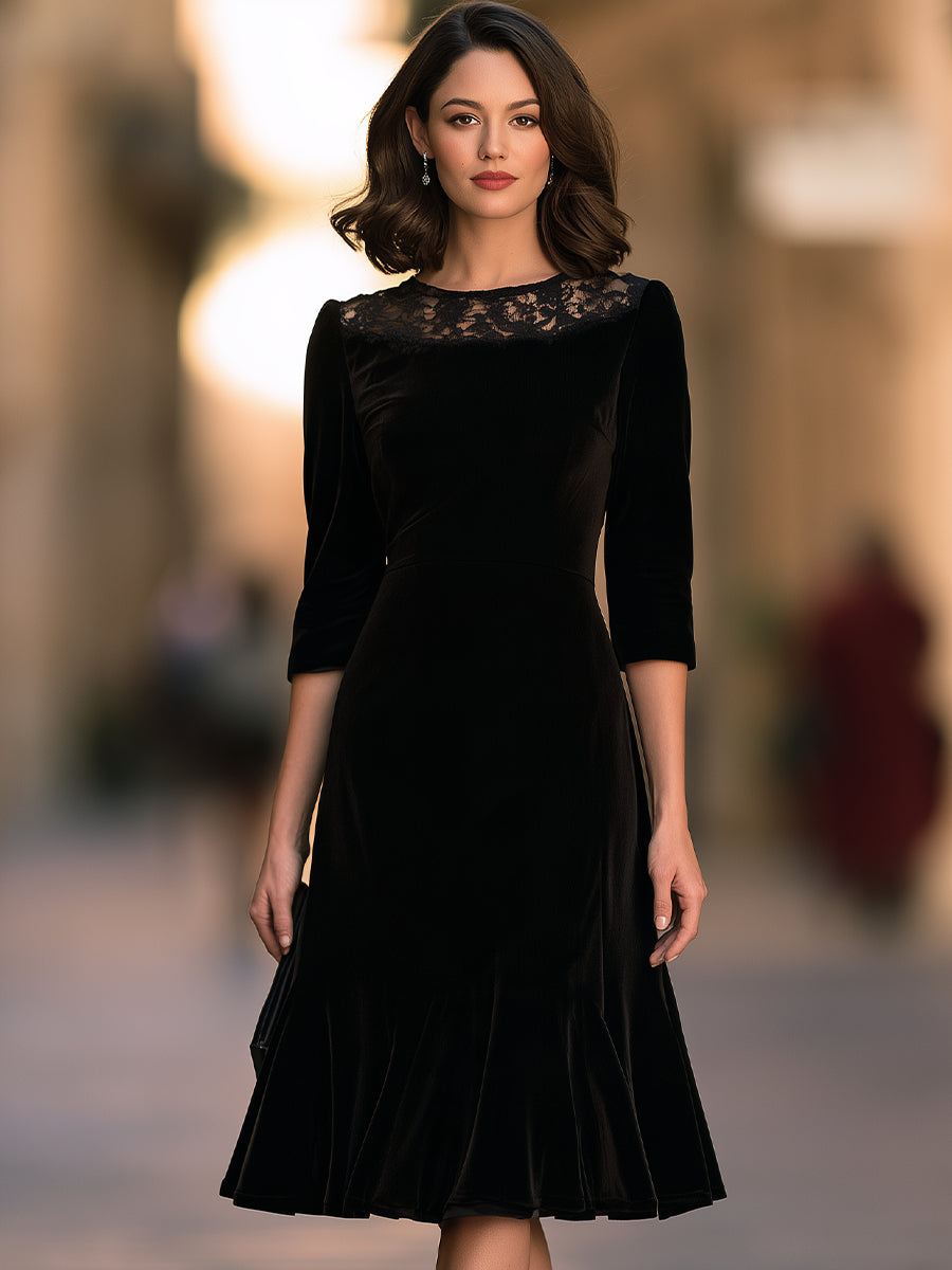 Lace Yoke Velvet Midi Dress with Flounce Hem
