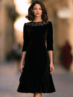 Lace Yoke Velvet Midi Dress with Flounce Hem