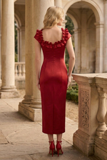 Ruffled Neckline Column Midi Dress