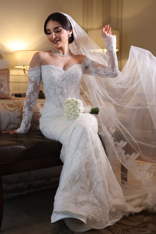 Off-the-Shoulder Lace Long Sleeve Mermaid Wedding Dress