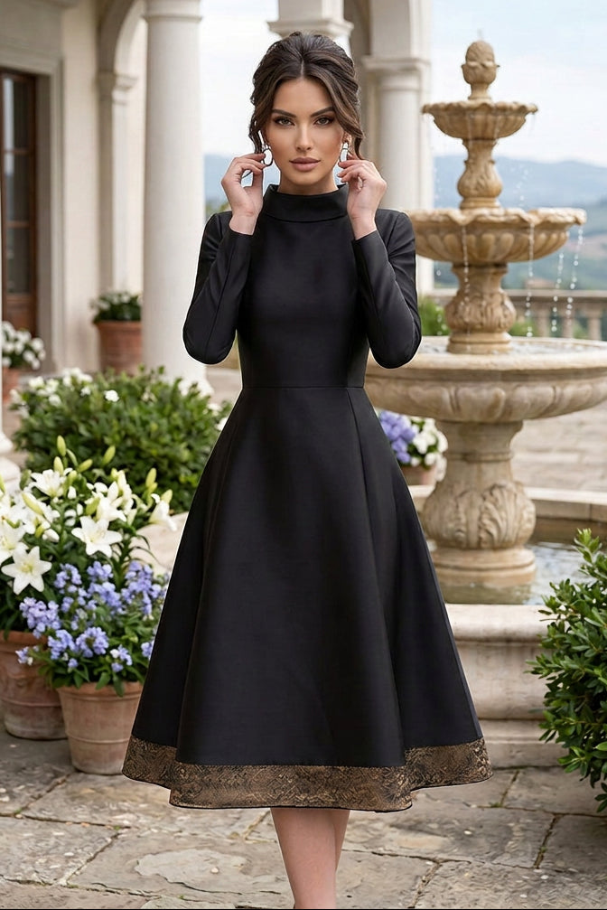 High Neck Long Sleeve A-Line Midi Dress