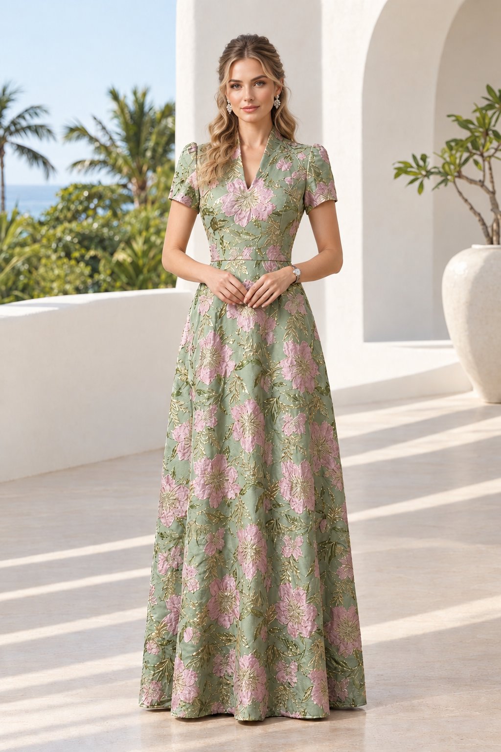 Floral Jacquard A-Line Maxi Dress with Puff Sleeves