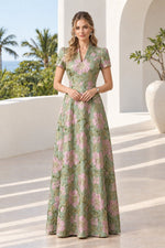 Floral Jacquard A-Line Maxi Dress with Puff Sleeves