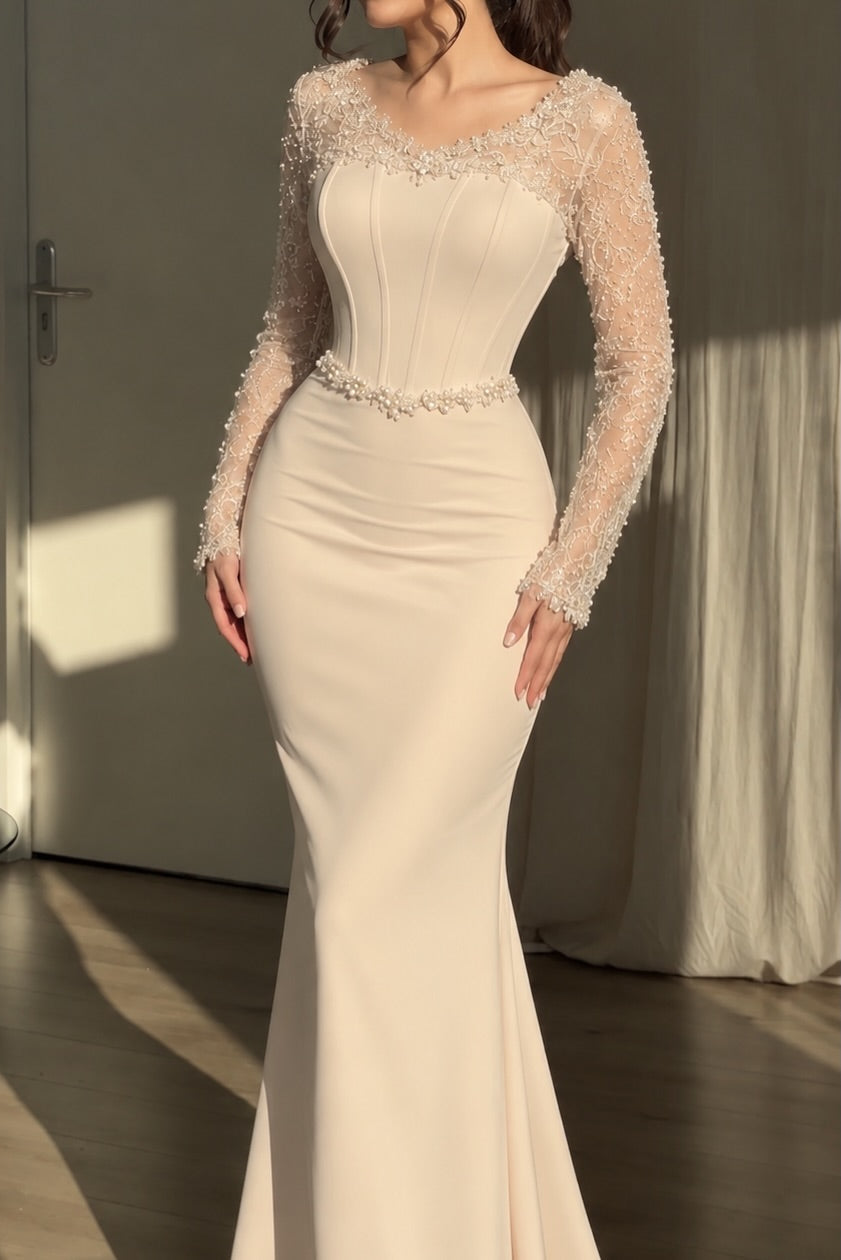 Corset Mermaid Gown with Sheer Beaded Sleeves