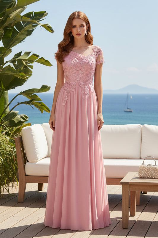 Illusion Neck Lace Applique A-Line Chiffon Evening Gown
