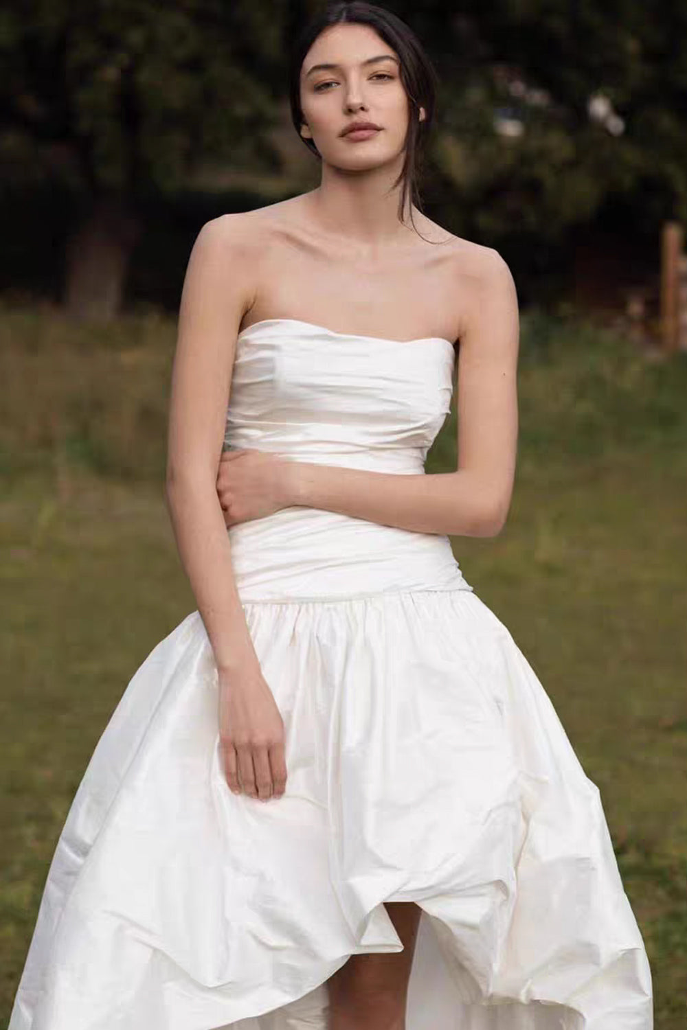 Strapless Ruched High-Low Wedding Dress with Train