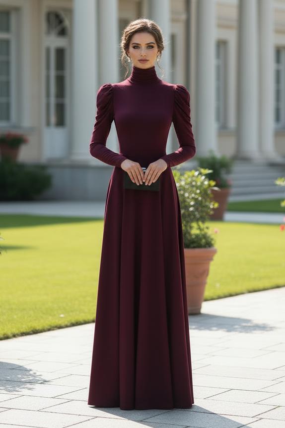 High Neck Ruched Shoulder A-Line Maxi Dress