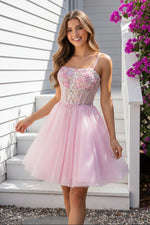 A-Line Spaghetti Strap Tulle Short Homecoming Dress