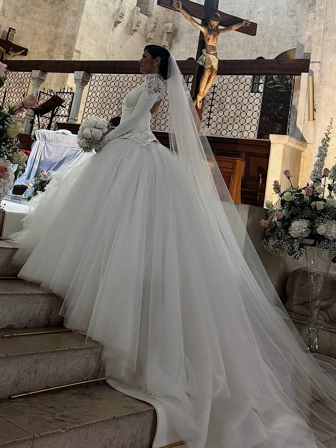 High Neck Lace Long Sleeve Ball Gown Wedding Dress