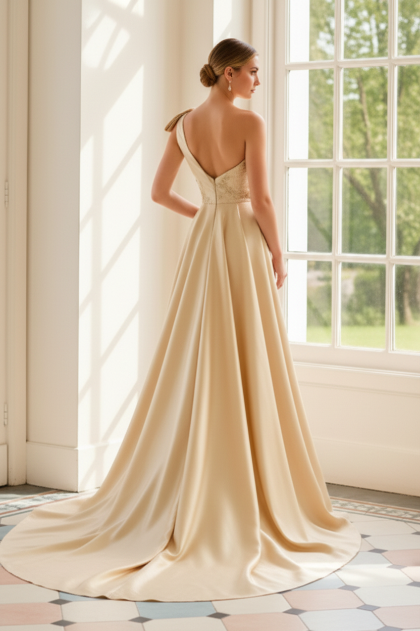 One-Shoulder Floral Appliqué Evening Gown