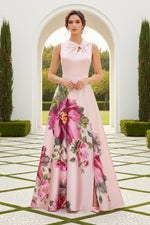 Floral Print Satin A-Line Gown with High Slit