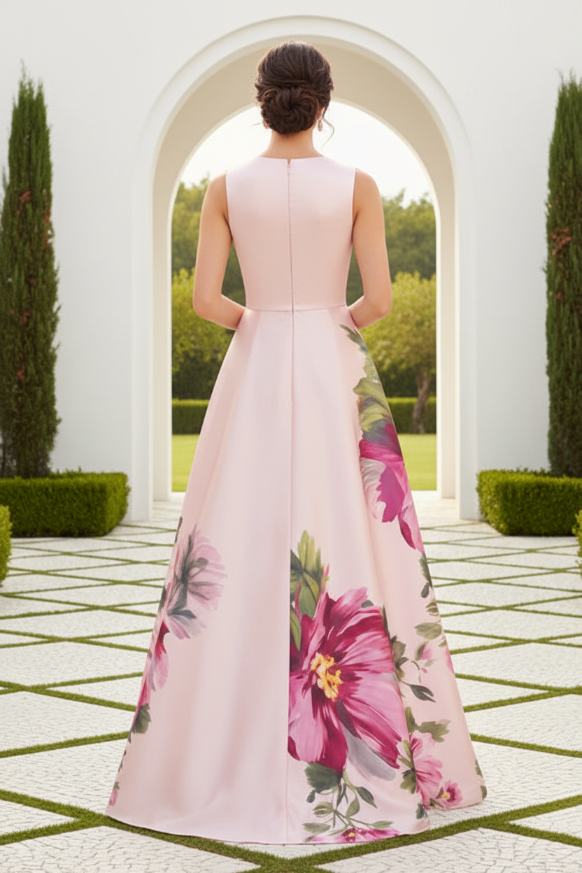 Floral Print Satin A-Line Gown with High Slit