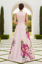 Floral Print Satin A-Line Gown with High Slit