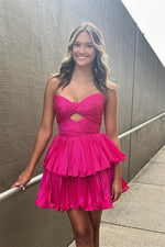 Strapless Pleated Tiered Mini Dress with Front Cut-Out