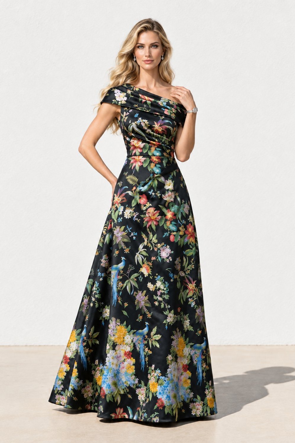 One-Shoulder Floral Print Satin A-Line Gown