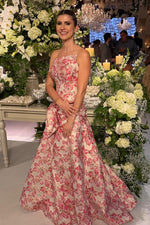 Floral Jacquard Strapless A-Line Evening Gown