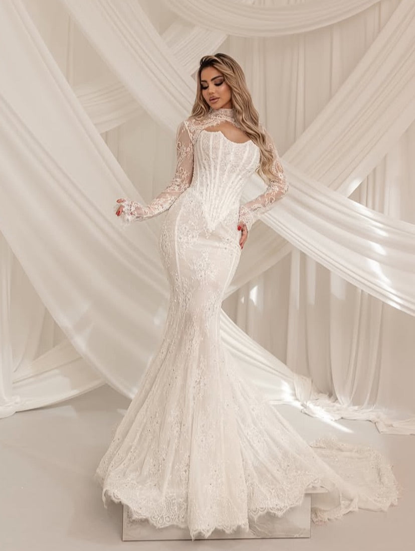 High Neck Lace Mermaid Wedding Dress with Corset Bodice