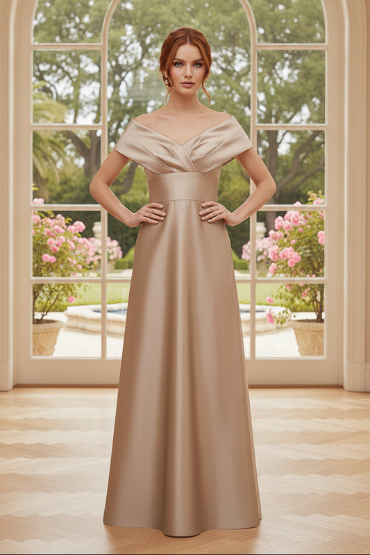 Off the Shoulder Pleated Satin A-Line Evening Gown