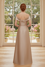 Off the Shoulder Pleated Satin A-Line Evening Gown