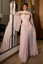 Pleated Corset Evening Gown with High Slit