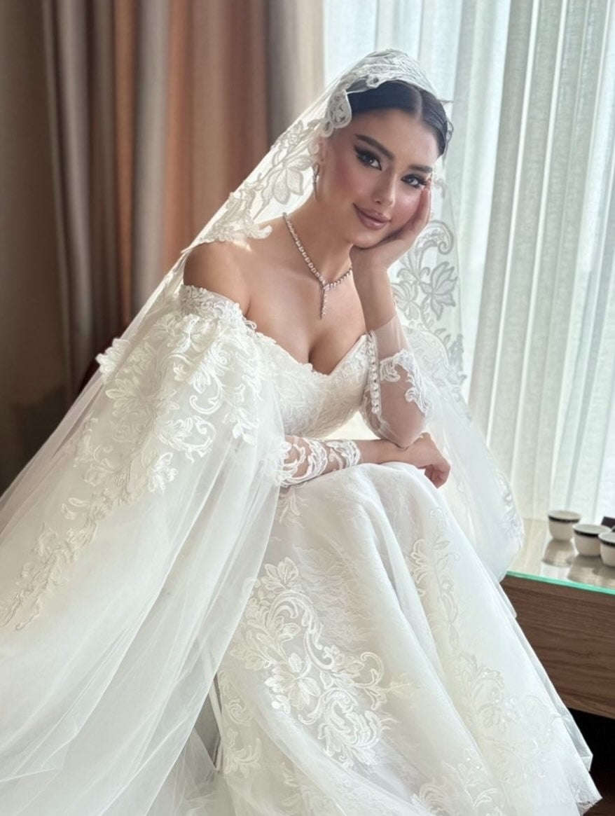 Lace Applique Off-the-Shoulder Cape Wedding Dress