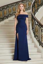 Off-the-Shoulder Beaded Ruched Gown with Slit