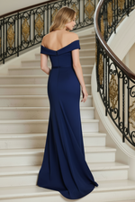 Off-the-Shoulder Beaded Ruched Gown with Slit