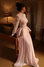 Elegant Pleated Two-Piece Peplum Jacket & Maxi Skirt Set