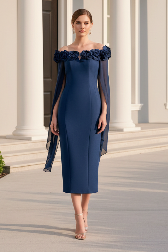 Off Shoulder 3D Floral Midi Dress with Draped Sleeves