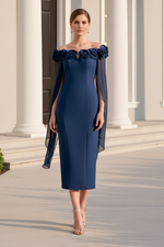 Off Shoulder 3D Floral Midi Dress with Draped Sleeves