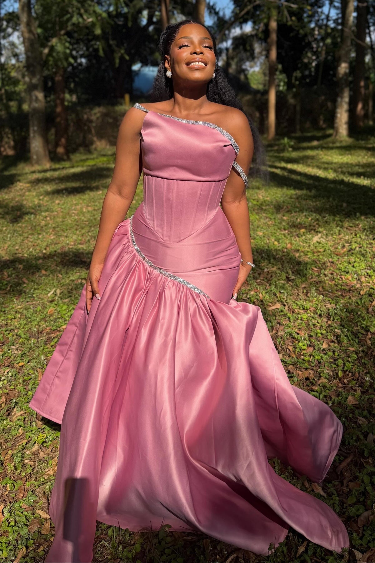 Corset Evening Gown with Beaded Asymmetric Skirt