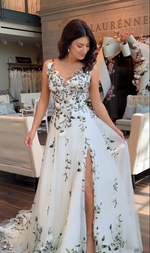 Floral Applique A-Line Wedding Dress with Slit