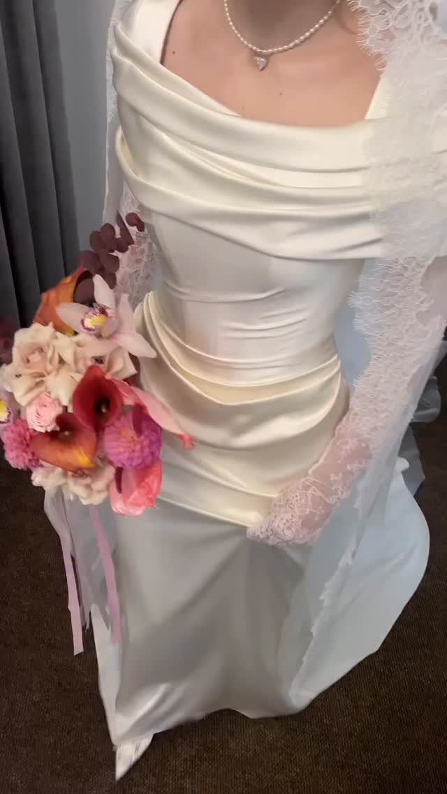 Ruched Satin Wedding Dress with Draped Neckline
