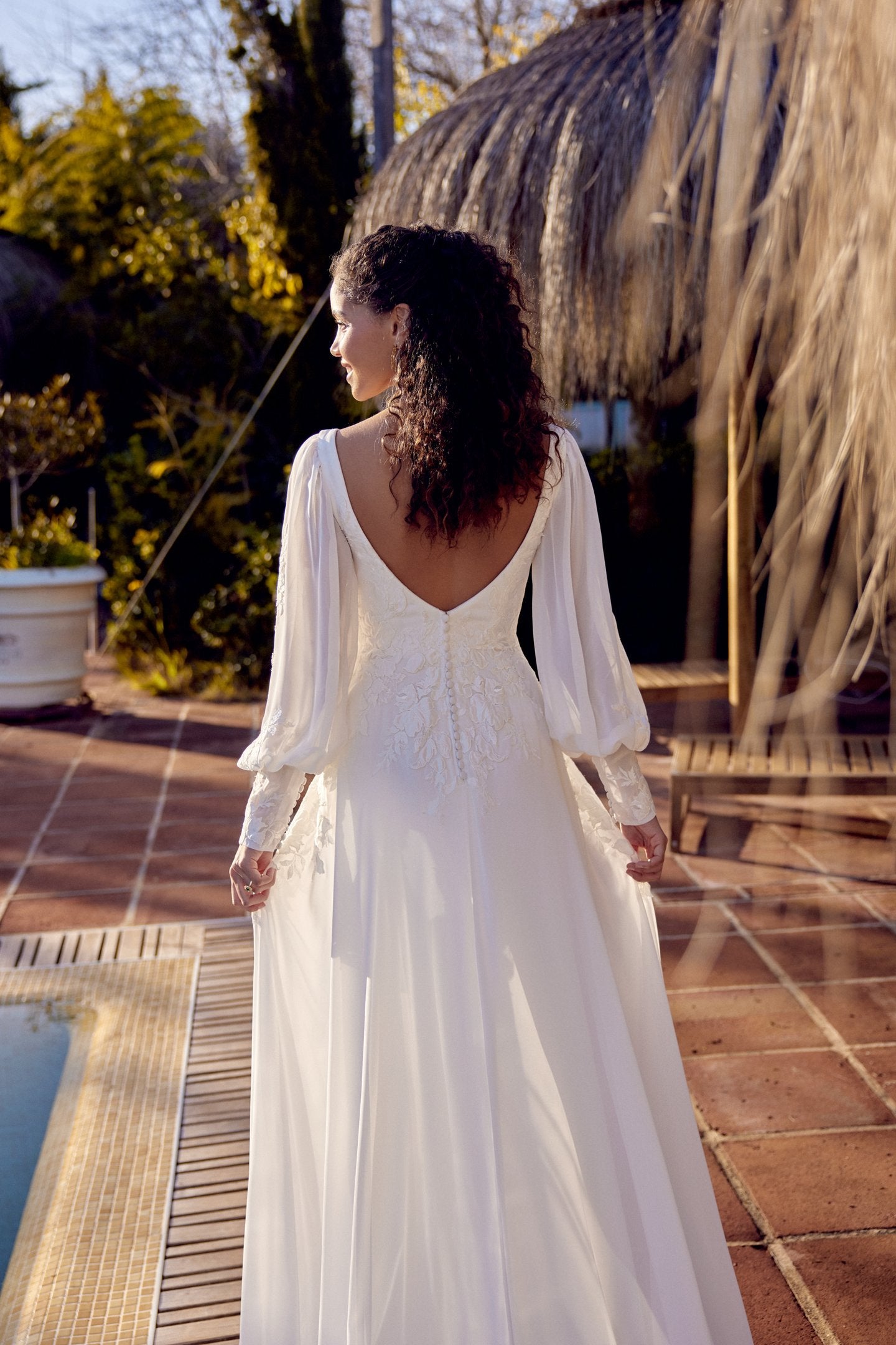 Plunging V-Neck Long Sleeve Wedding Dress