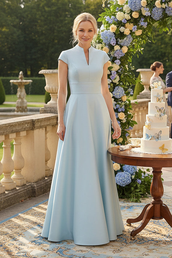 Cap-Sleeve A-Line Satin Evening Gown