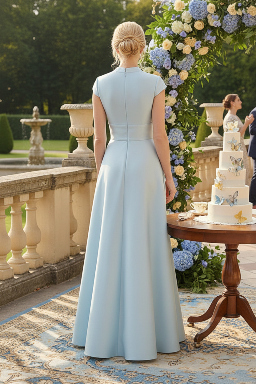 Cap-Sleeve A-Line Satin Evening Gown