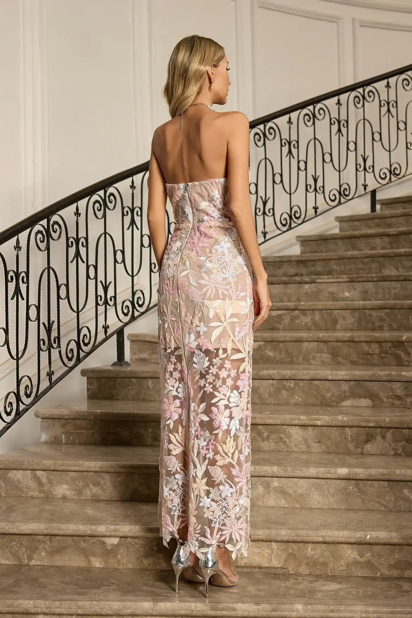 Strapless Floral Embroidered Corset Sheath Dress