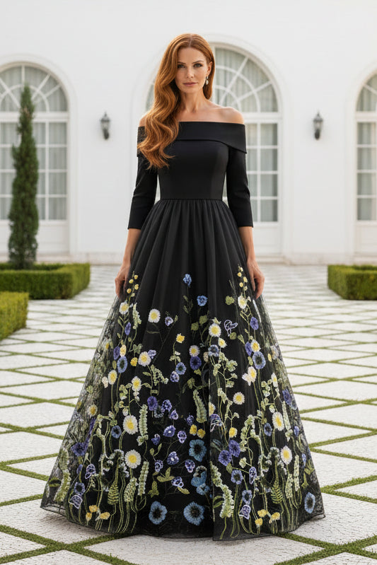 Off-Shoulder Floral Embroidered Ball Gown