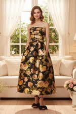 Strapless Floral Bow Waist Tea-Length Dress