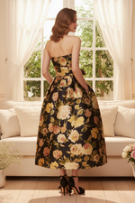 Strapless Floral Bow Waist Tea-Length Dress