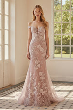 Floral Embroidered Off-the-Shoulder Trumpet Gown